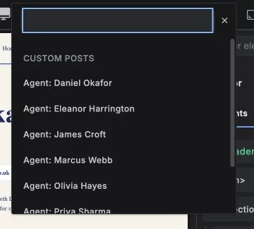 An open Agent combobox in Builderius listing agents from the Harringtons website.