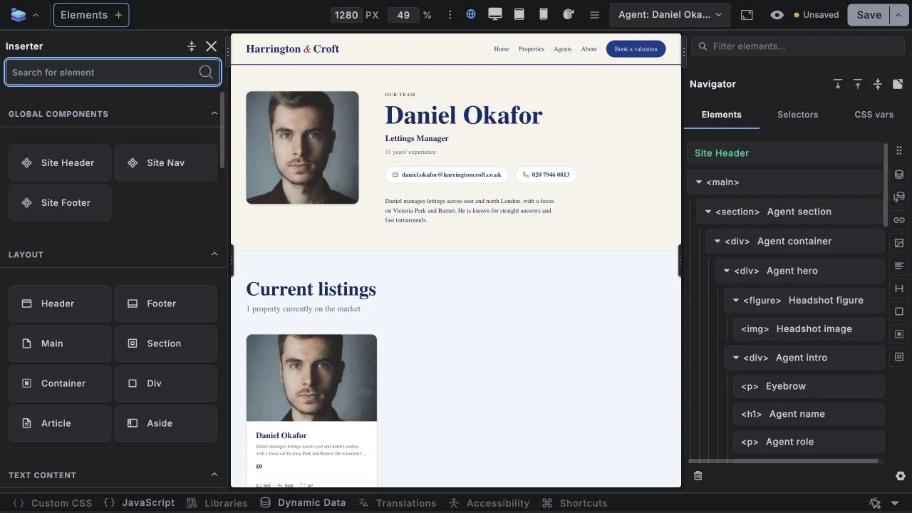 The Harringtons Single Agent template open in the Builderius editor with Daveden Builder Enhancements enabled.