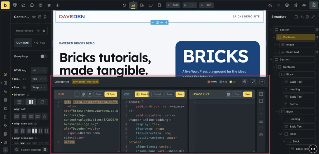 Bricks editor with Code2Bricks panels for editing a selected container’s HTML, CSS and JavaScript.