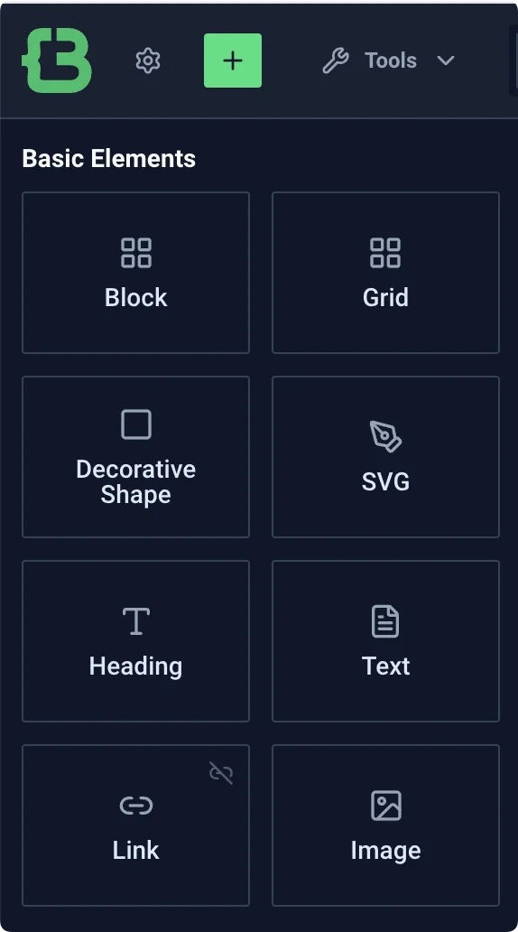CrocoBuilder Basic Elements panel with cards for Block, Grid, Decorative Shape, SVG, Heading, Text, Link and Image.