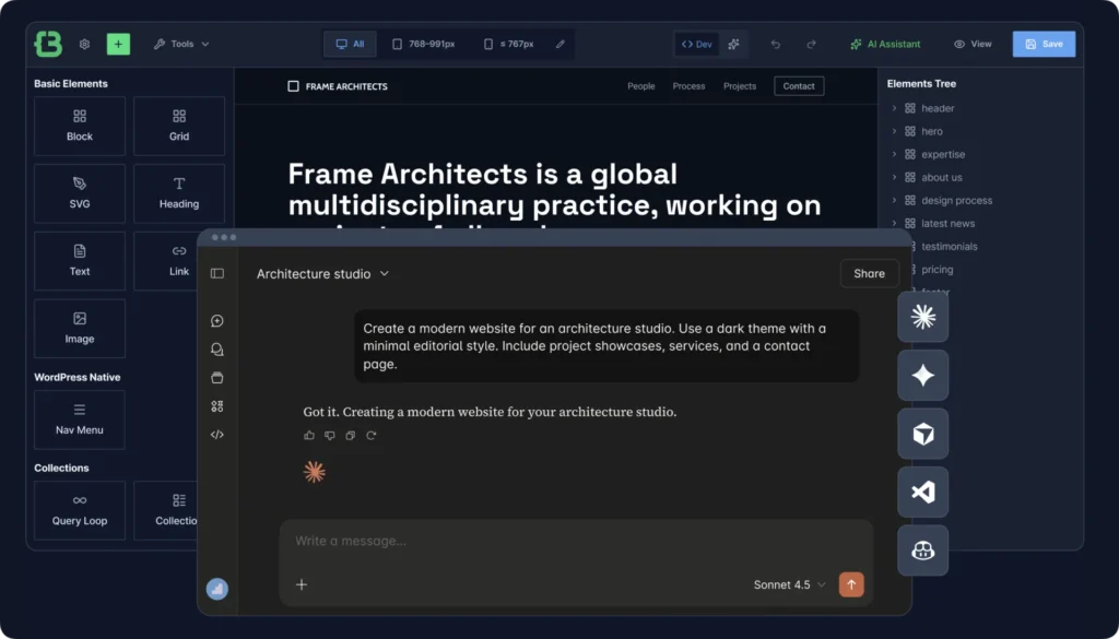 CrocoBuilder editor showing an architecture website preview, element panels and an AI chat prompt to build the site.