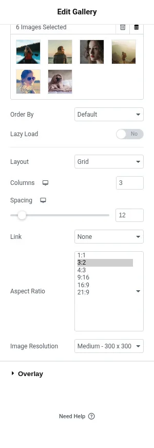 Elementor Pro Gallery widget built-in aspect ratio options (no 3:4 portrait option)
