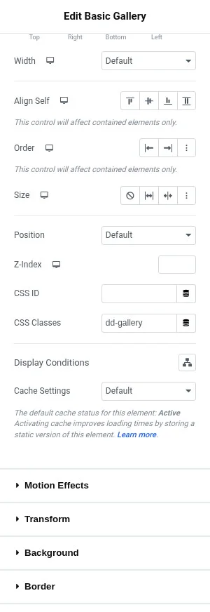 Assigning the dd-gallery CSS class to the Basic Gallery widget under Advanced > CSS Classes