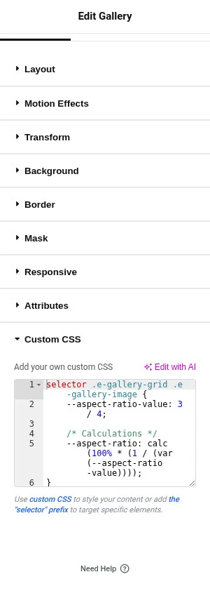 Adding custom CSS to the Pro Gallery widget under Advanced > Custom CSS for a 3:4 aspect ratio