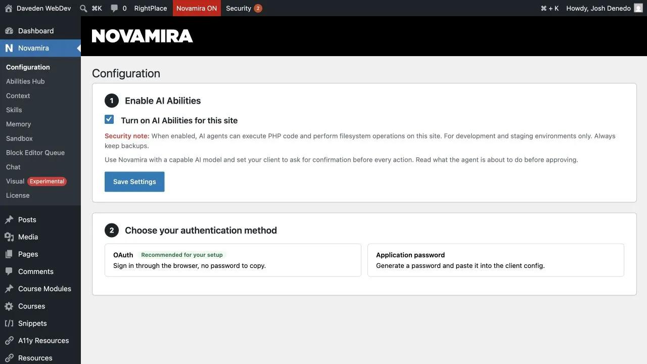 Novamira configuration screen showing AI Abilities enabled and OAuth recommended as the authentication method beside Application Password.