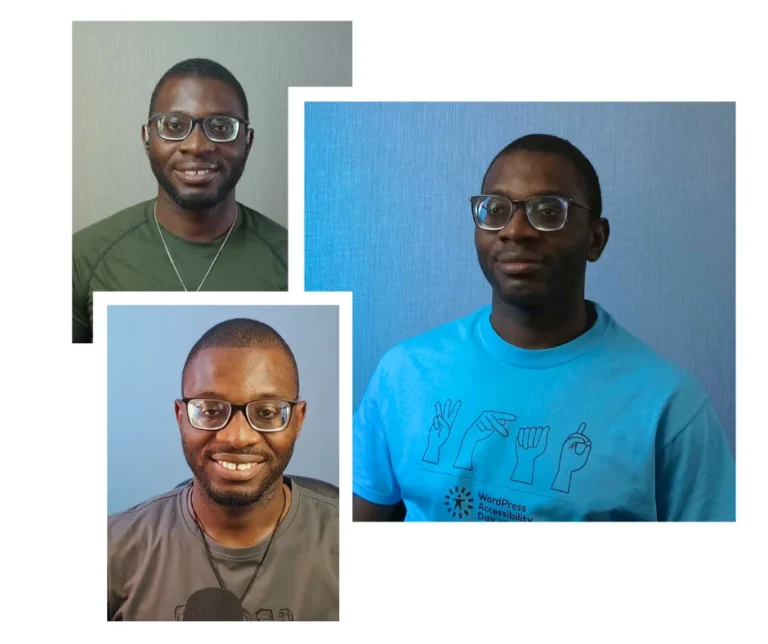 A collage of three photographs of David, a Black male web designer wearing glasses: smiling in a green shirt, smiling with a microphone in a grey t-shirt, and signing while wearing a blue WordPress Accessibility Day t-shirt.